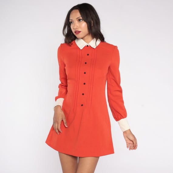 Orange Mini Babydoll Dress 70s Mod Pleated Bib Contrast Schoolgirl Twiggy Style Space Age Go Go Preppy Retro Babe Pumpkin Autumn Fall Small