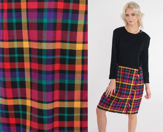 70s Plaid Dress Black Midi Dress Long Sleeve Shift High Waisted Knee Length Retro Mod Preppy Wool Blend Academia Vintage 1970s Medium