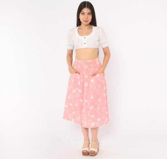80s Pink Floral Skirt White Tulip Midi Belted Waist Patch Pockets Elastic Back Cotton Rose Coral Flower Blush Summer Cottagecore Small S