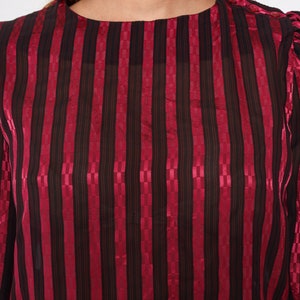 Shiny Striped Blouse 80s Puff Sleeve Top Semi-Sheer Shirt Checkered Pink Black Vertical Stripes Secretary Glam Bohemian Vintage 1980s Small image 4