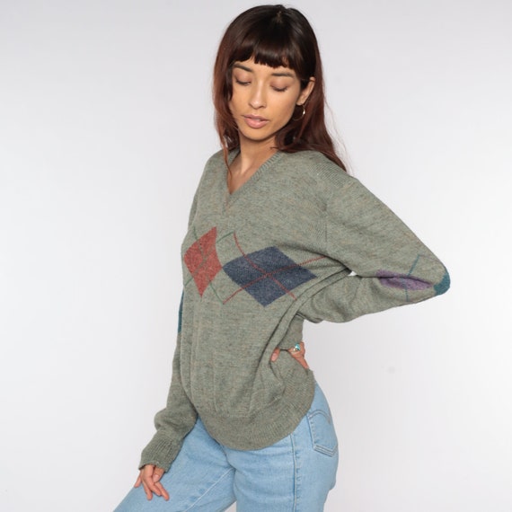 Argyle Sweater 80s 90s Grey Knit V Neck Sweater 1… - image 4