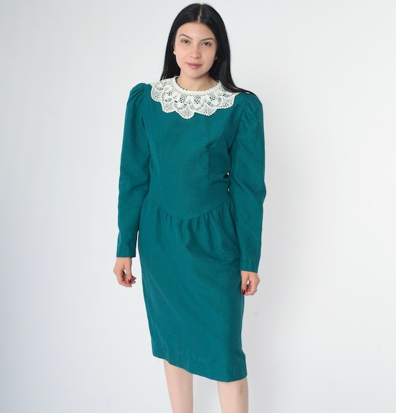 80s Crochet Collar Dress Teal Puff Sleeve Midi Dress Vintage Lace Collar Day Pencil Dress Low Waist Modest Secretary 1980s Small