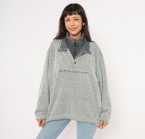 90s Newfoundland Fleece Canada Pullover Grey Sweater Corduroy Trim Quarter Zip Knit Top Cotton Hiking Outdoor Camp Vintage Layering Medium M