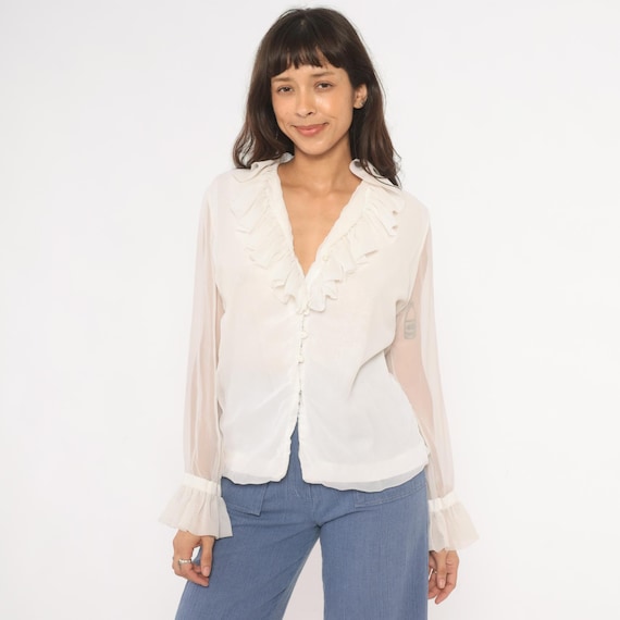 Ruffle Collar Blouse 70s Sheer Sleeve Button Front V Neck Ivory Feminine Top White Cream Chiffon Coquette Prairie Cuff Vintage Shirt Medium