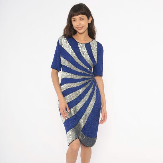 Sequin Sunburst Dress 80s Stenay Cobalt Blue Silver Beaded Silk Cocktail Party Back Cutout Royal Sparkle Evening Sheath Vintage Medium M