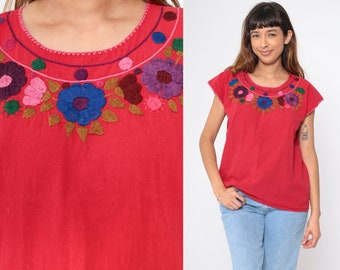 Mexican Embroidered Top Blouse 90s Red Floral Blouse Peasant Hippie Short Sleeve Shirt Summer Boho Festival Vintage 1990s Medium