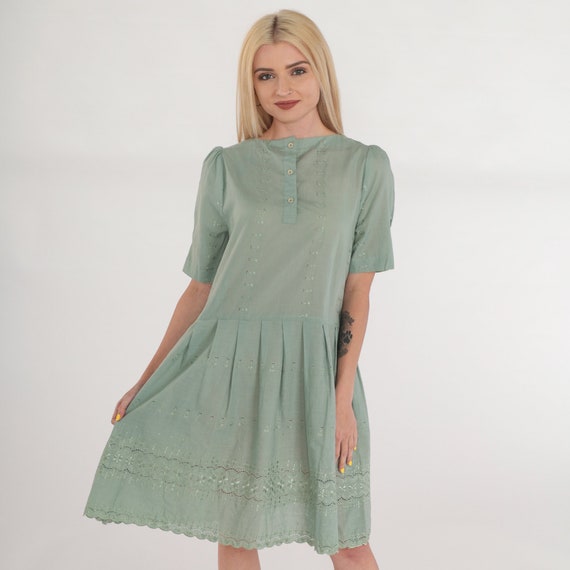 Green Cutout Dress Y2k Floral Embroidered Mini Dress Puff Sleeve Bali Cut Out Summer High Waisted Pleated Criss Cross Back Vintage 00s Small