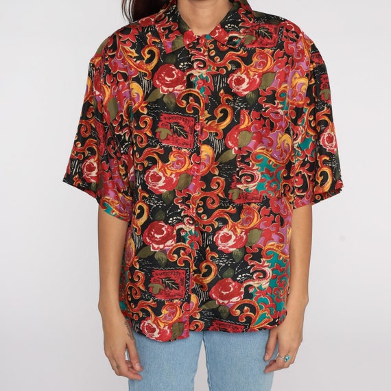 SILK Baroque Shirt 90s Black Red Rose Floral Abst… - image 7