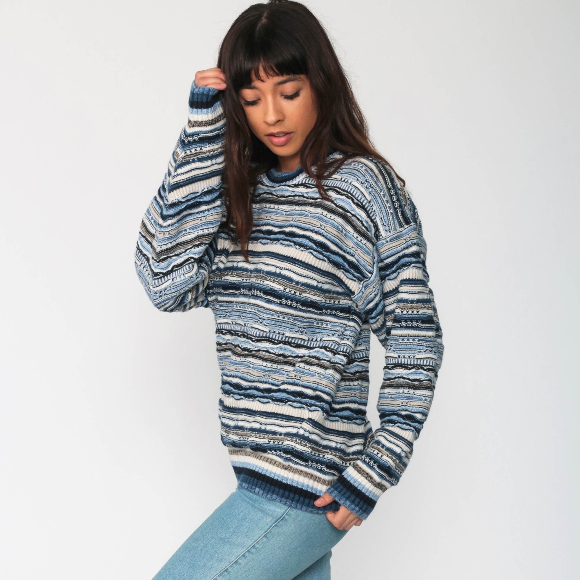 Blue Striped Sweater 90s Pullover Sweater Grunge Oversize Slouchy ...