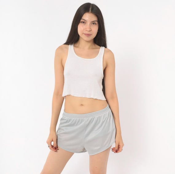 80s Grey Running Shorts Athletic Split Side Back Pocket Dolphin Silver Gym Workout Track Vintage Hoochie Daddy Unisex Small To Medium S M