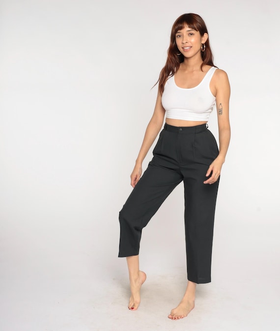 Black Pleated Trousers 80s High Waist Tapered Cropped Pants Minimalist Tailored Slacks Classic Office Goth Wear Womens Pants Size Small S