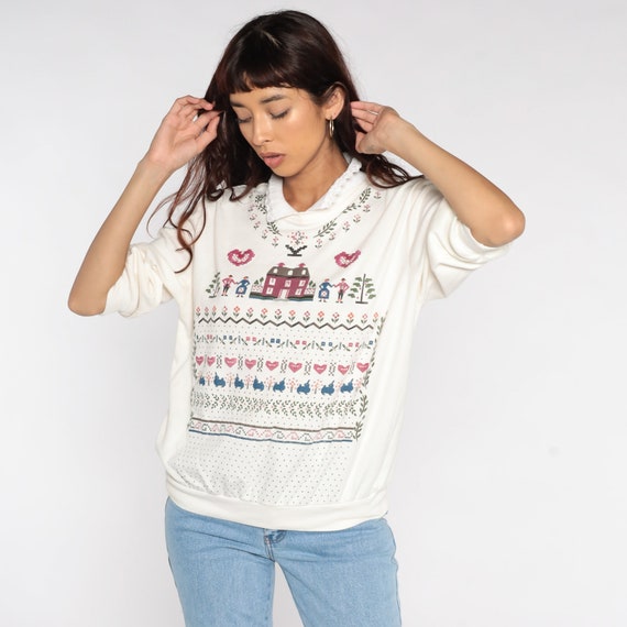 Country Home Sweatshirt 80s Collared Sweatshirt Shabby Chic Heart Shirt Beaded Grandma Sweatshirt 90s Vintage Graphic Cream Oversized Large