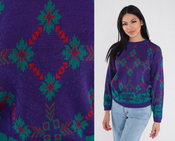 Snowflake Sweater 90s Purple Knit Pullover Holiday Sweater Geometric Print Crewneck Jumper Knitwear Green 1990s Vintage Acrylic Medium M