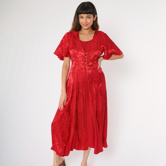 Vintage Red Floral Dress 90s Y2K Embossed Midi Dress Button up Flutter Sleeve Flower Print Retro Layered Party Cocktail 1990s Medium Large