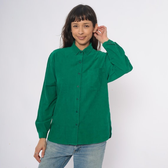 Emerald Green Corduroy Shirt Hang Ten 80s Collar Long Sleeve Chest Vintage Surf Brand Casual Overshirt Unisex Cotton Preppy Workwear Large L