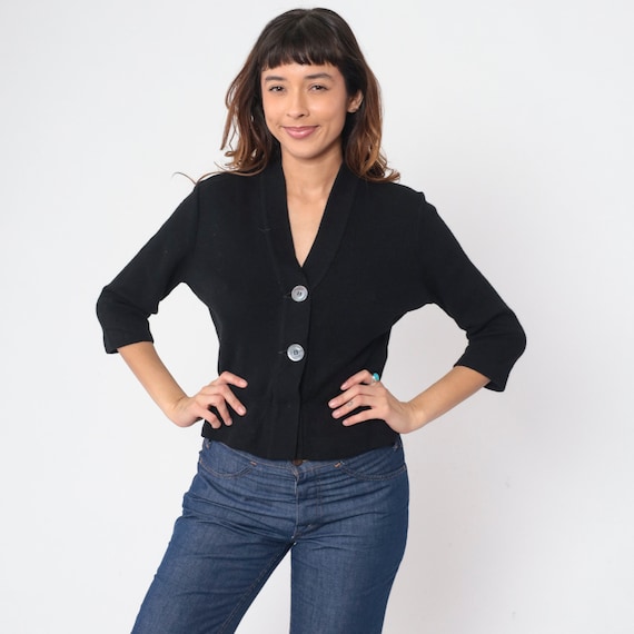 Vintage Black Cropped Cardigan 60s Button Up Knit Sweater Wool Mohair Blend 3/4 Sleeve V Neck Basic Plain Preppy Sixties Top 1960s Small S