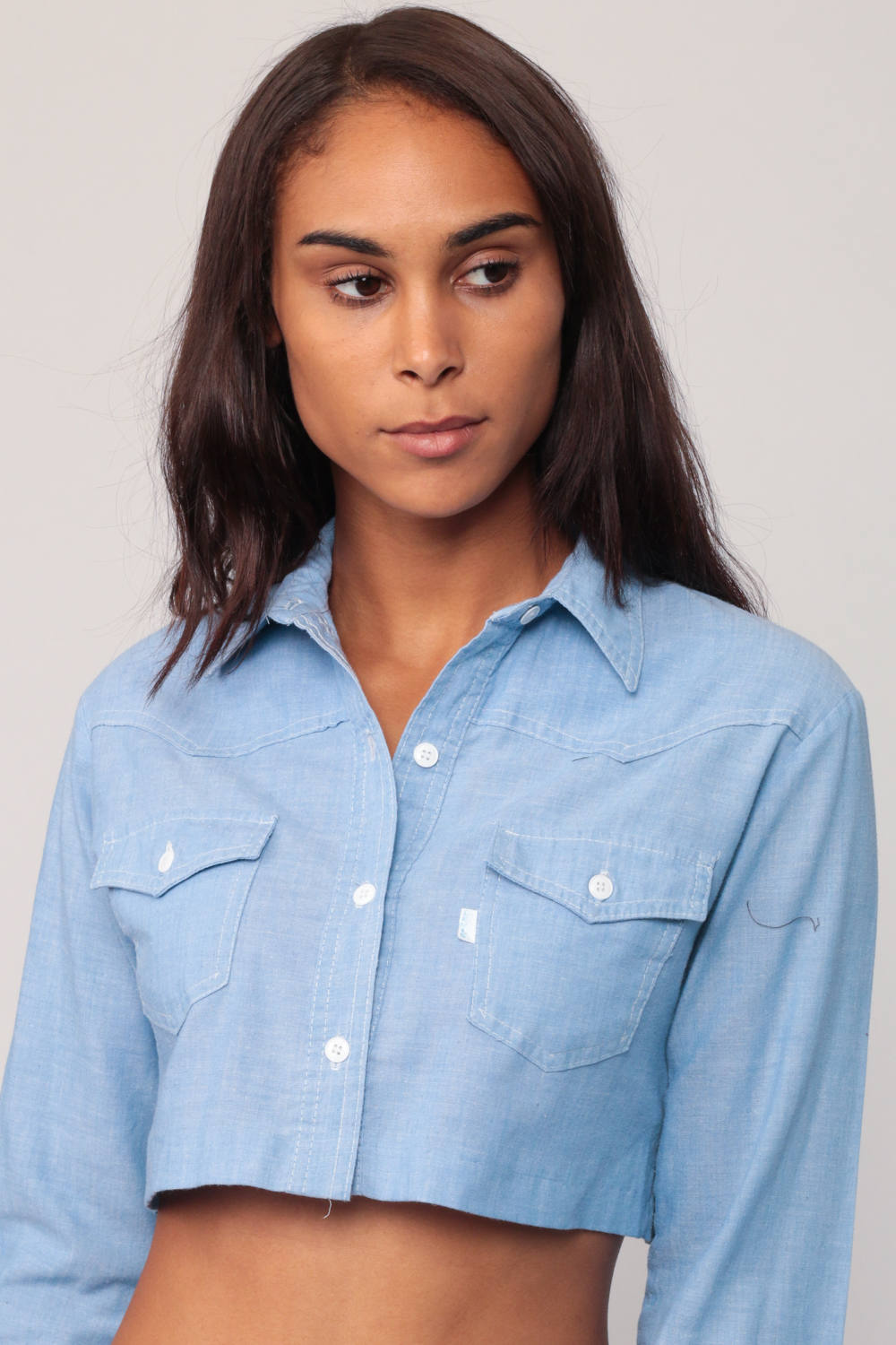 Blue Crop Top LEVIS Shirt 70s Chambray Cotton Levi Button Down up Vintage Hipster Long Sleeve 