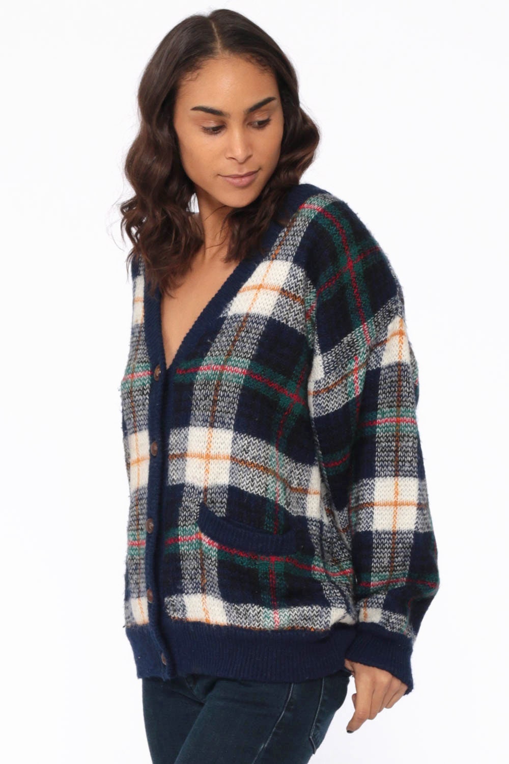 blue checkered cardigan
