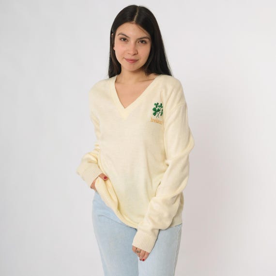 80s Shamrock Sweater Ireland Cream Knit V Neck Pullover Shamrock Embroidery Tourist Sweatshirt Long Sleeve Acrylic Knitwear Size Large L