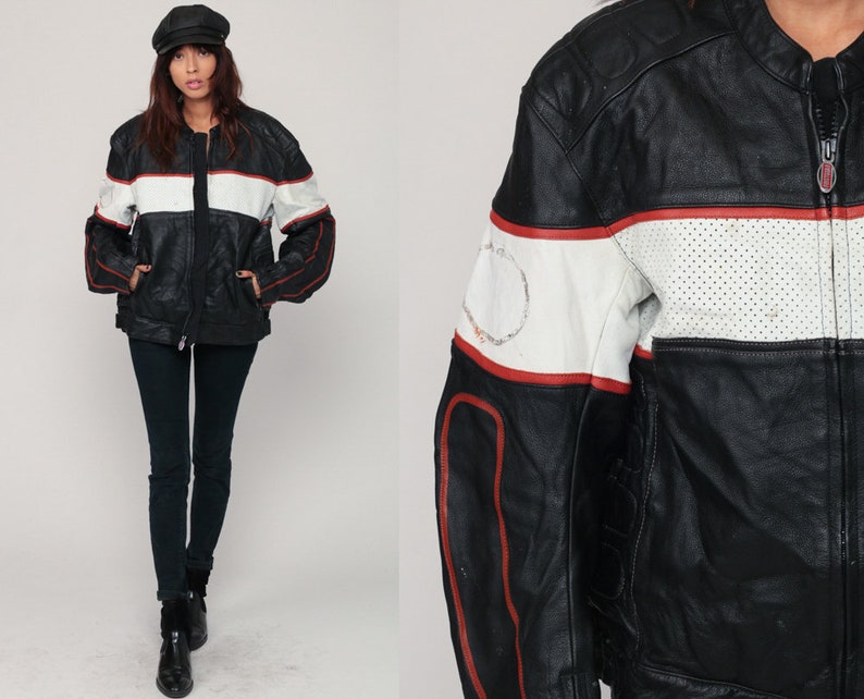 Black Leather Jacket Firstgear Javket 90s Motorcycle Biker Cafe Racer Vintage Moto White Striped Hipster Coat Medium Large