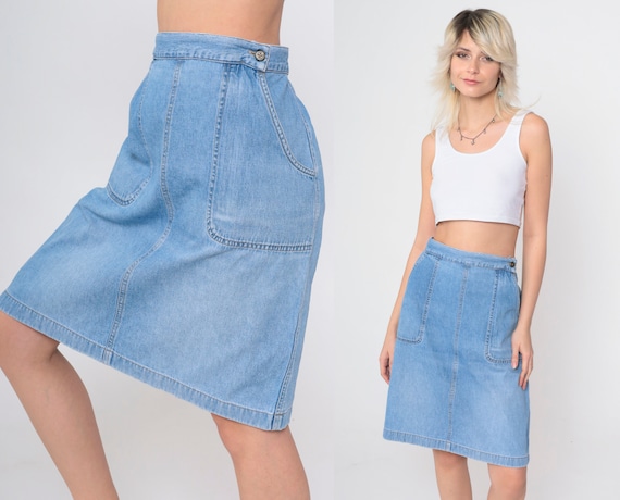 90s Jean Skirt Denim Patch Pocket Skirt Knee Length Skirt 1990s High Waisted Straight Skirt Mini Retro Vintage Blue Large 14