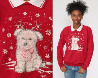 Christmas Dog Sweatshirt PUPPY Sweater 80s Animal Vintage Red Raglan Sweatshirt 90s Graphic Sweater Collared Kawaii Shirt Xmas Small Medium