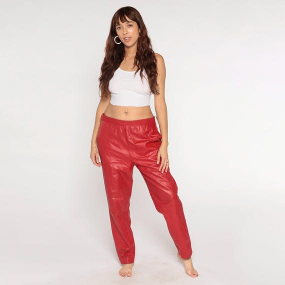 90s Red Leather Pants Vintage Straight Leg Trousers Relaxed 1990s Club Party High Waist Lady Foot Locker Medium M