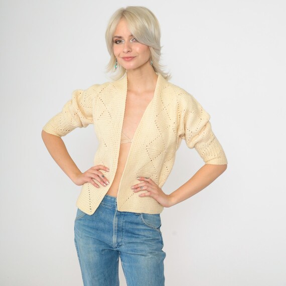 Vintage 70s Cream Open Knit Cardigan Cropped Dolman Sleeve Chunky Textured Sweater Boho 1970s Sheer Pointelle Openwork Extra Small xs