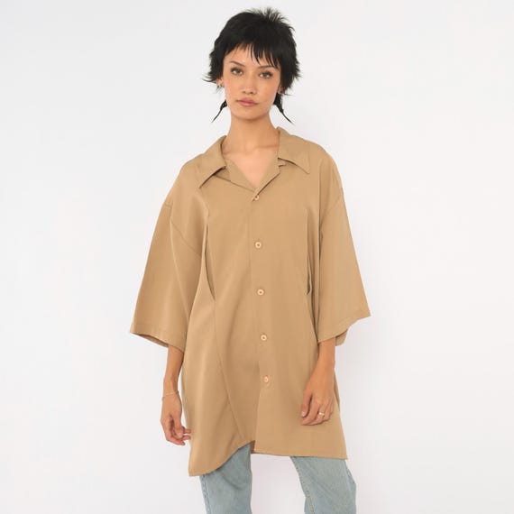 90s Tan Camp Collar Shirt Button Front Short Sleeve Boxy Loose Fit Pointed Collar Beige Khaki Tunic Minimalist Unisex Top Vintage Large L