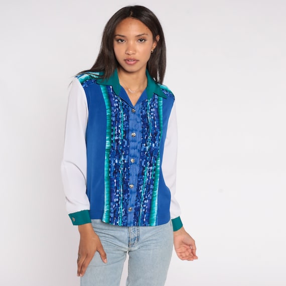 Blue Striped Shirt 90s Button Up Shirt White Retro Long Sleeve Collared Top Green Shirt Vintage 1990s Small S