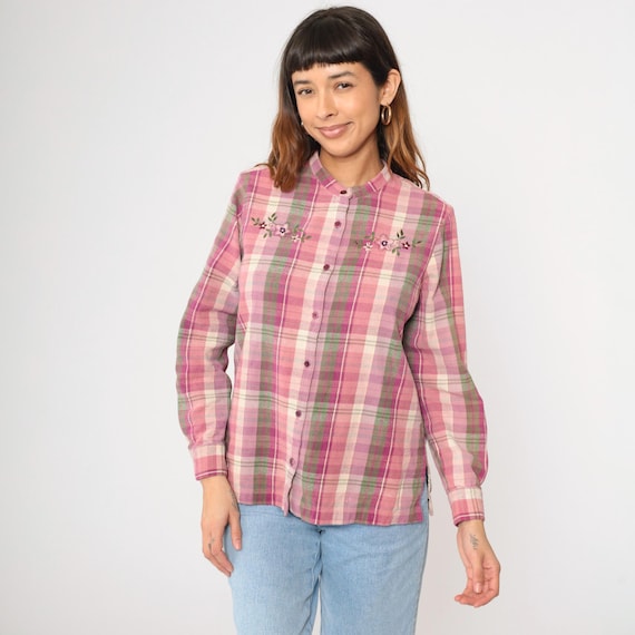 Y2K Plaid Floral Blouse Pink Embroidered Top Button up Shirt Checkered Print Long Sleeve Summer Cotton Vintage Green 00s Medium M