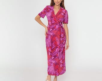 Y2K Adrianna Pall Seiden Wickelkleid Vintage Lila Rot Tropischer Blumen Print Kurzarm Bindebund Midi 2000er Jahre Boho Elegant Small 6