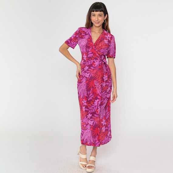 Y2K Adrianna Papell Silk Wrap Dress Vintage Purple Red Tropical Floral Print Short Sleeve Tie Waist Midi 2000s Boho Elegant Small 6