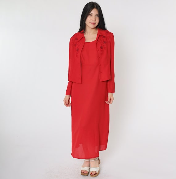 Vintage 90s Red Two Piece Dress and Jacket Set Soutache Beading Ankle Length Sleeveless 1990s Button Up Formal Small 4 Petite