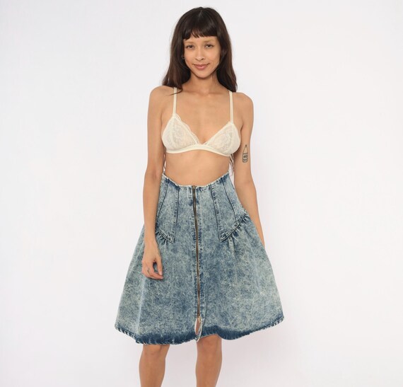 Acid Wash Denim Skirt 80s High Waist Circle Flared Cotton Jean Gathered Drop Yoke Corset Waisted Vintage Blue Stonewash Skater Small S