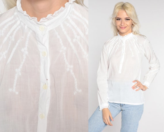 White Cotton Blouse 90s Floral Embroidered Top Casual Ruffle Shirt 1990s Boho Button Up Shirt Bohemian Long Sleeve Vintage Small S