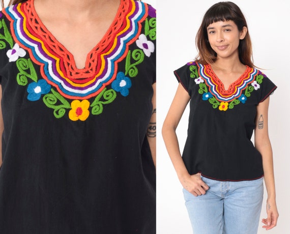 Mexican Floral Blouse 90s Black Embroidered Top P… - image 1