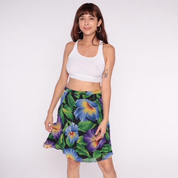 Silk Floral Skirt 90s Blue Purple Yellow Green Black Knee Length Mini Vintage Spring Summer Cottagecore Fairycore Botanical Garden Medium M