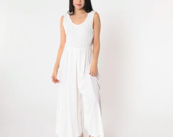 Vintage White Wide Leg Jumpsuit 90s Smocked Embroidered Scoop Neck Party Romper Pants Sleeveless Basic Chic Minimalist 1990s Small 5/6