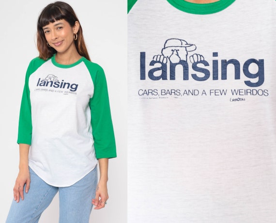80s Lansing Michigan Shirt Richard Guindon Ringer Tee Cars, Bars, and a Few Weirdos Tshirt 3/4 Raglan Sleeve 1980s Vintage Graphic Medium