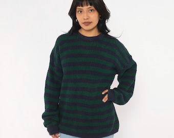 80s Striped Sweater Forest Green Navy Blue Waffle Knit Cotton Pullover Long Sleeve Chunky Boxy Grunge Preppy  Slouchy Jumper Extra Large XL