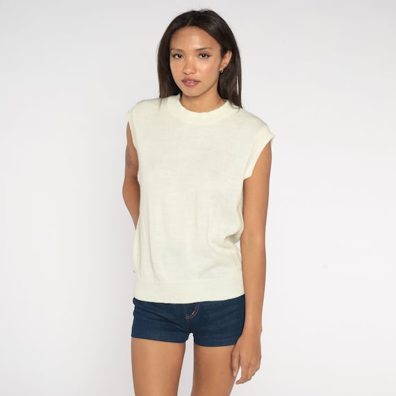 Off-White Knit Top 80s Cap Sleeve Sweater Shirt Boho Blouse Acrylic Top 1980s Plain Retro Short Sleeve Crewneck Medium