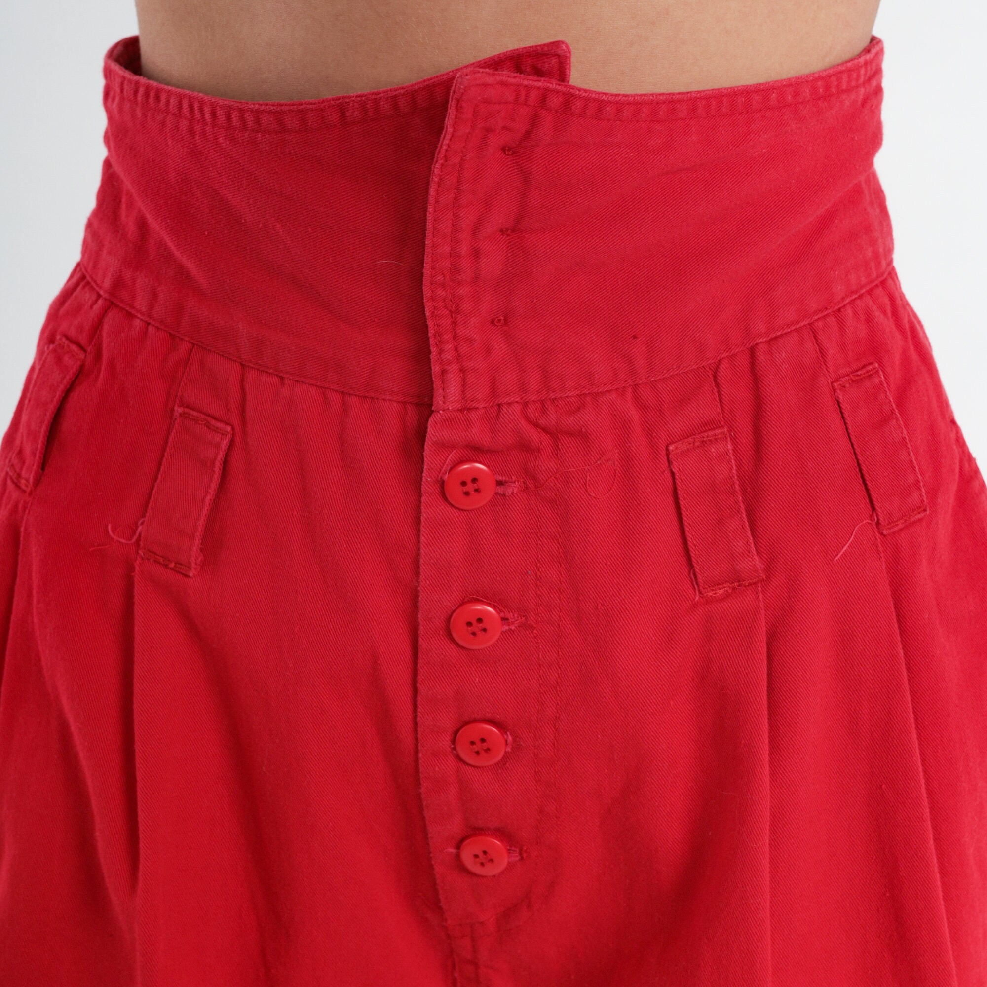 Red Paper Bag Shorts 80s Pleated Trouser Shorts Ultra High Waisted Rise ...