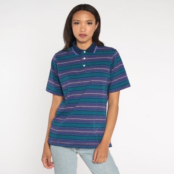 Striped Polo Shirt 90s Navy Blue Purple Green Col… - image 4