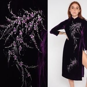 Velvet Cheongsam Dress 90s Dark Purple Cherry Blossom Print Vietnamese Ao Dai Midi High Side Slit Asian Shift Vintage 1990s Extra Small xs
