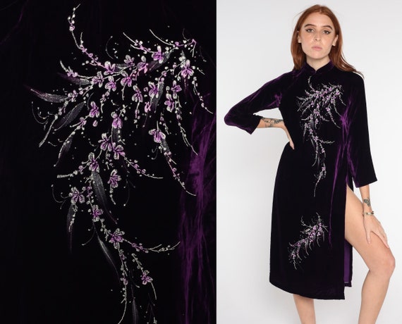 Velvet Cheongsam Dress 90s Dark Purple Cherry Blossom Print Vietnamese Ao Dai Midi High Side Slit Asian Shift Vintage 1990s Extra Small xs