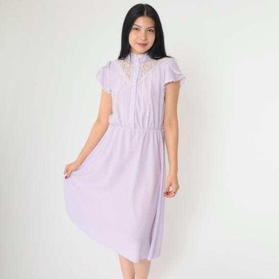 Vintage 70s Prairie Dress Lavender Midi Victorian Lace Yoke Ruffle 1970s Boho Split Tulip Sleeve Pastel Button Up High Waist 1970s Small
