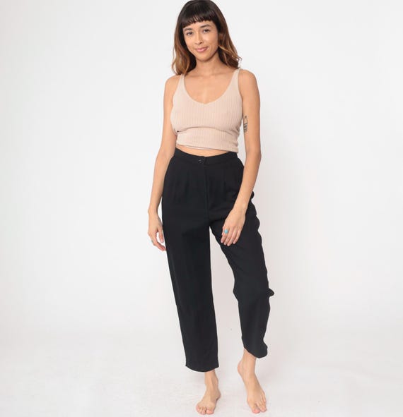 Black Wool Pants 80s Bowdon High Waisted Trousers Cropped Ankle Pants Tapered Leg Minimalist Work Pants Vintage 1980s Small S 28
