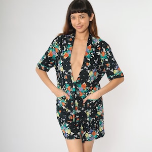 Vintage 80s Two-Piece Set Floral Shorts Suit Belted Jacket Romper Outfit Deep V Neck High Waist Pleated Retro Co-Ord 1980s Small Petite