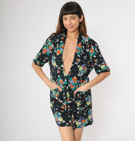 Vintage 80s Two-Piece Set Floral Shorts Suit Belted Jacket Romper Outfit Deep V Neck High Waist Pleated Retro Co-Ord 1980s Small Petite
